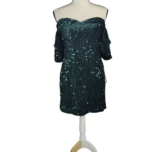 NWT Lulus Sz XL All Aglitter Emerald Green Sequin Off the Shoulder Mini Dress - Picture 2 of 9